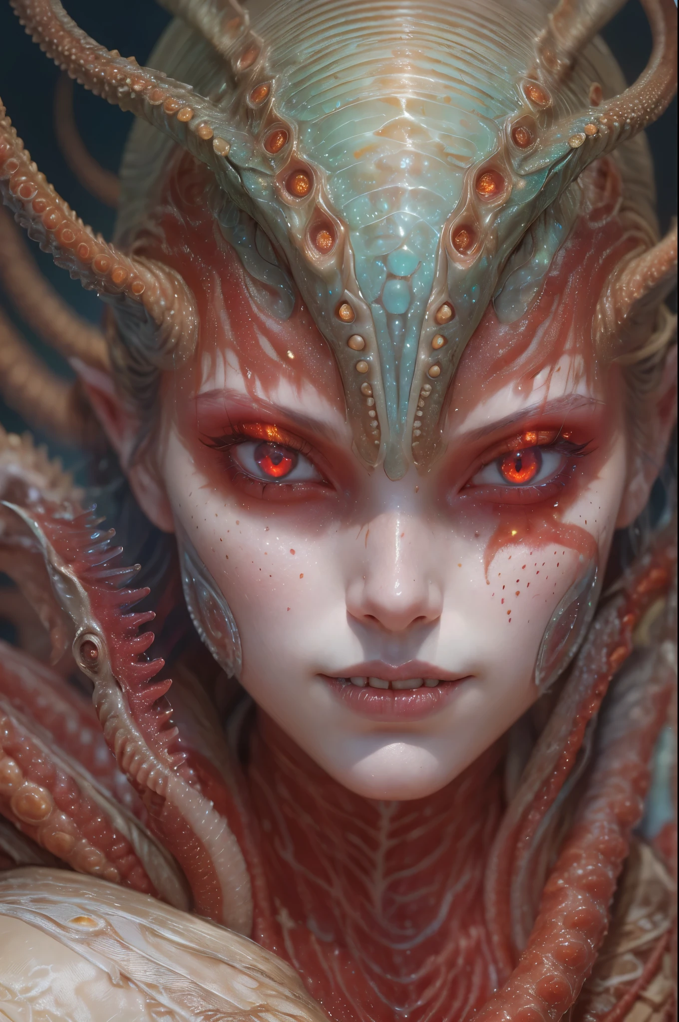 scary and sexy detailed art in color, Portrait, (beautiful and obscene female alien:1.4), (vulgarity1.5), (she has red eyes with no pupils:1.8), (Translucent skin:1.7), (There is a female genital-like organ in the middle of the forehead:1.9), (The most beautiful face in the history of the universe:1.2),an evil gaze that seduces, (large mouth:1.1), (sharp teeth like a vampire:1.2), Full body portrait, (bio luminescent:1.5), (Smile wickedly:1.3), (sexypose:1.5), alien, No humans, cells are fused, (Lots of translucent tentacles:1.3) extraterrestrial, cell, bio image, best quality, 8K,In 4K_quality, High freshness, Dramatic Lighting, masutepiece:1.5,cinematic quality, detail up, (exquisite details:1.2), high resolution, High freshness, drawing faithfully, (Thick eyebrows:1.2), Beautiful eyes with fine symmetry,(Highly detailed face and eyes:1.2), Intimate face, (Super detailed skin quality feeling:1.4), perfect anatomy, (Beautiful toned body:1.5), (Moist skin:1.2), not wearing makeup, (dark circles:1.1), long canines, cinematic drawing of characters, ultra high quality model, cinematic quality, detail up, (exquisite details:1.2), high resolution, High freshness, drawing faithfully, official art, Unity 8K Wall , 8K Portrait, best quality, Very high resolution, ultra detailed artistic photography, midnight aura, unreal engine 5, Ultra Sharp Focus, art by Amano Yoshitaka, ArtGerm, Roisch, intricate artwork, best quality, masterpiece, ultra high resolution, (photos realistic:1.4), ultra realistic realism, dream-like, nautilus, Creation of fantasy, Snail, Dream Snail, (biopunk nautilus:1.3),Thrilling color schemes, ultra realistic realism, seductively smiling, Blue tentacles,
