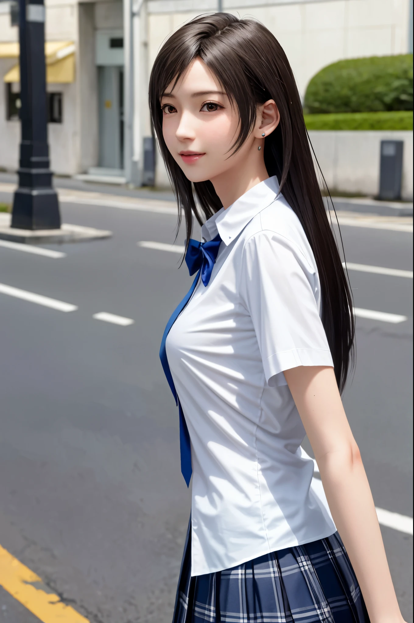 (top quality, masutepiece: 1.1), (Realistic: 1.3), BREAK (((FF7,Tifa_lockhart))),(solo,Tifa:1.2),(japanese ,high school student,school uniform, Plaid pleated skirt:1.5,button-down white shirt:1.3) ,(summer,walking, outdoor),(sexy pose:1.2),Ultra-detailed face, Detailed eyes,Red eyes, BREAK (((FF7,Tifa_lockhart))),(light brown hair, Large breasts: 1.2), BREAK (Small and beautiful hard nipple)  About 18 years old,kawaii,smile,zettai_ryouiki:1.1,cowboy shot,side view:1.2
