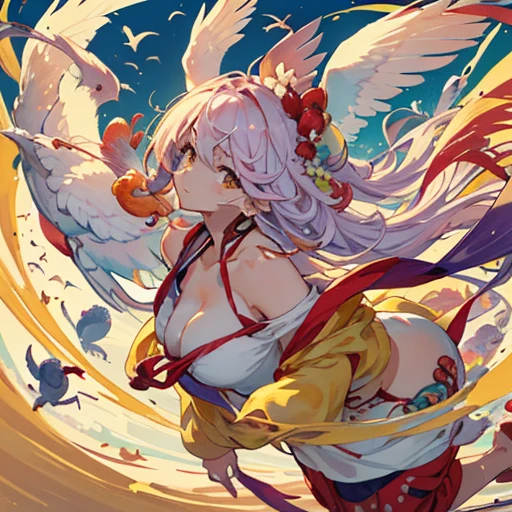 Convenience store clerk covered in a wide variety of fruit parfaits offering a wide variety of flowers、amazing dynamism、amazing angle、unstable anti-gravity sandstorm、((Many friendly large and diverse birds float closely together and chase each other.))、((surround each other'large and diverse molluscs))