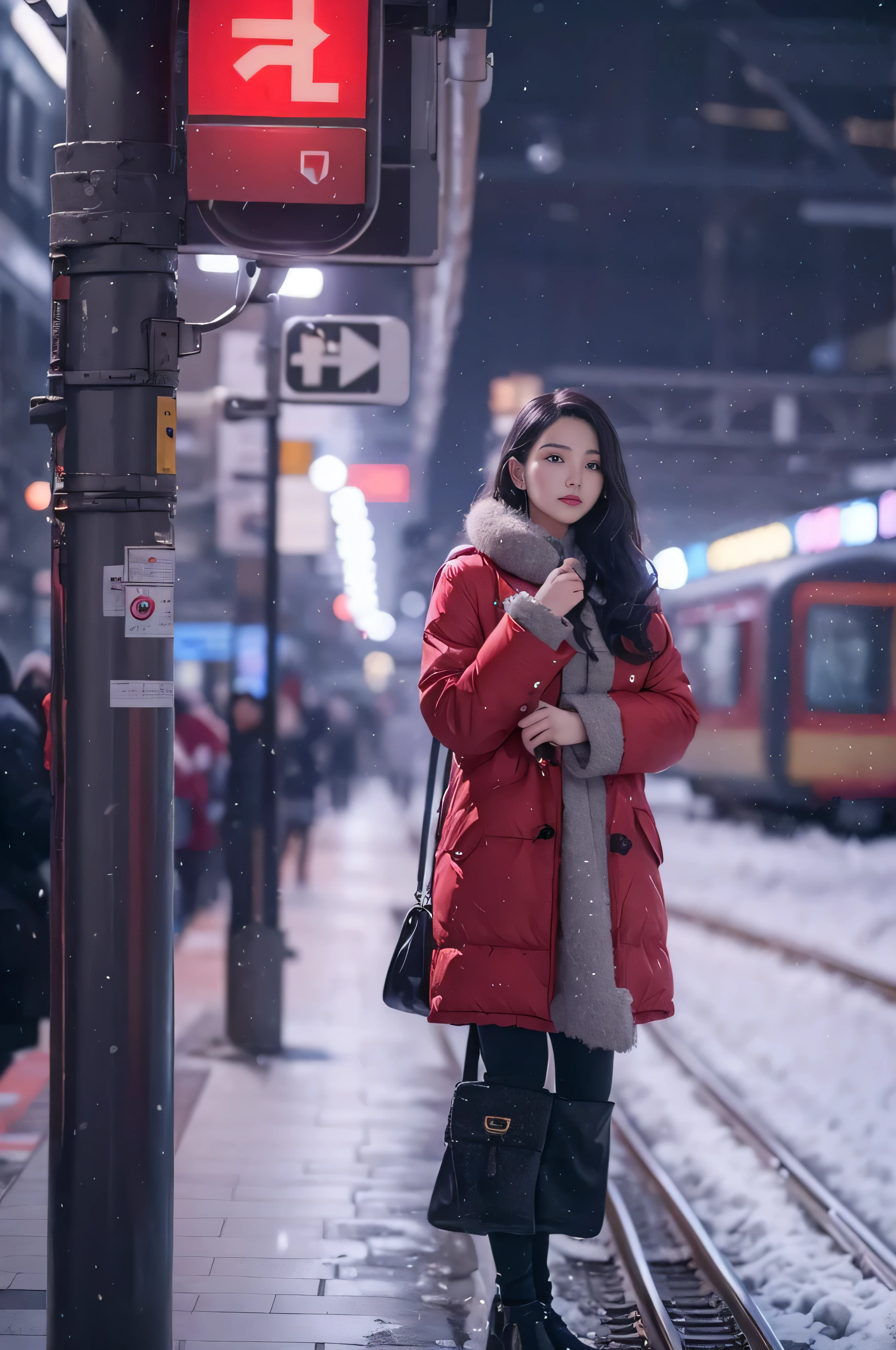 1 female、Early 20s、(A beautiful woman with a strong will)、(super beautiful face)、(detailed face)、wearing makeup、wavy black hair、snowy night、red duffel coat, Standing on the platform of a metropolitan station、The background is a stopped train、shallow depth of field