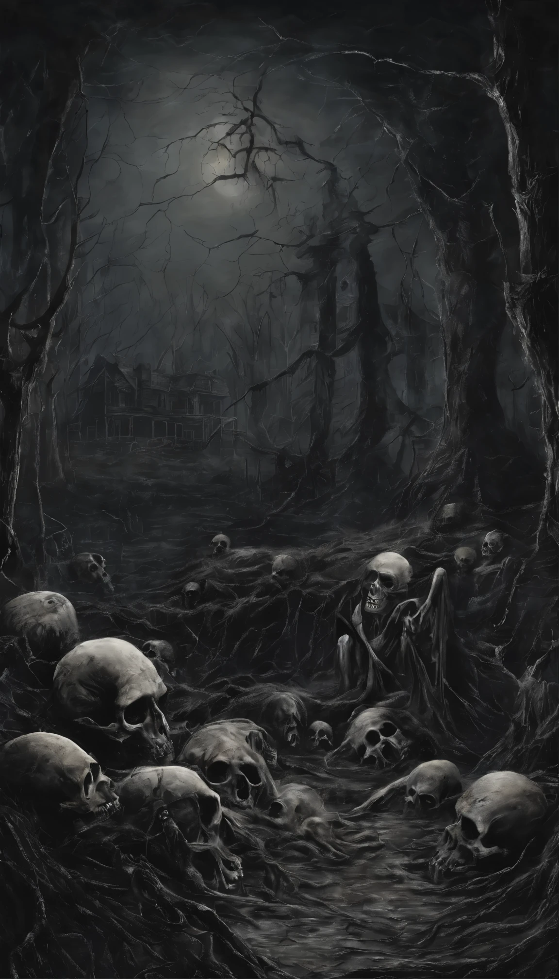 (nighttime scene), Horror, haunted, dead body, skulls, Images depicting hell, Necrotic bacteria, Image style painting, Realistic, Shadows, HD, High quality, Cinematic