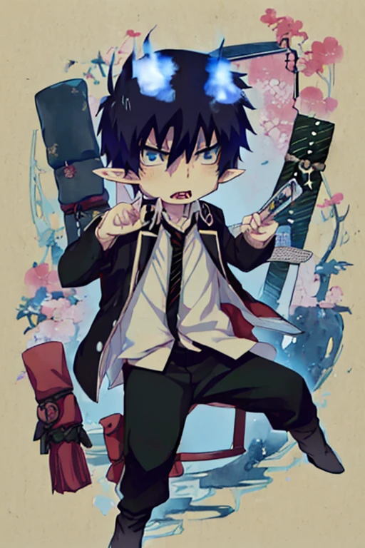 (Masterpiece, best quality: 1.2), traditional Chinese ink painting, movie still, chibi, 1boy, solo, male focus, looking at viewer, full body, , , , rin_okumura, blue eyes, dark hair