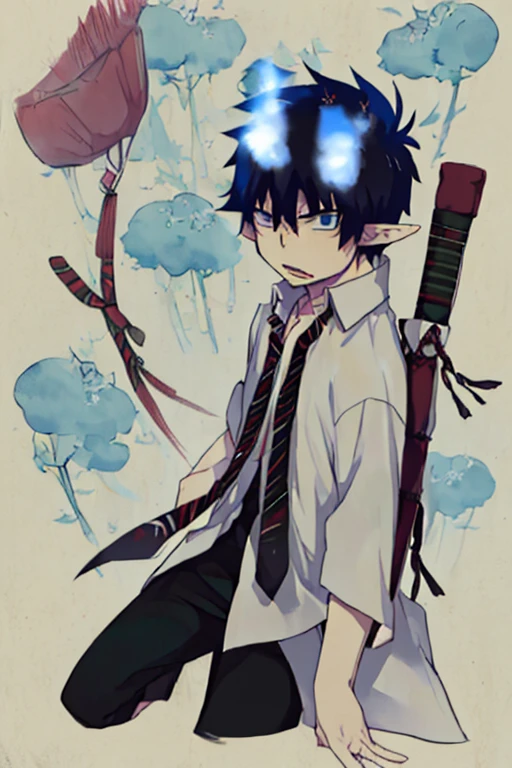 (Masterpiece, best quality: 1.2), traditional Chinese ink painting, movie still, chibi, 1boy, solo, male focus, looking at viewer, full body, , , , rin_okumura, blue eyes, dark hair