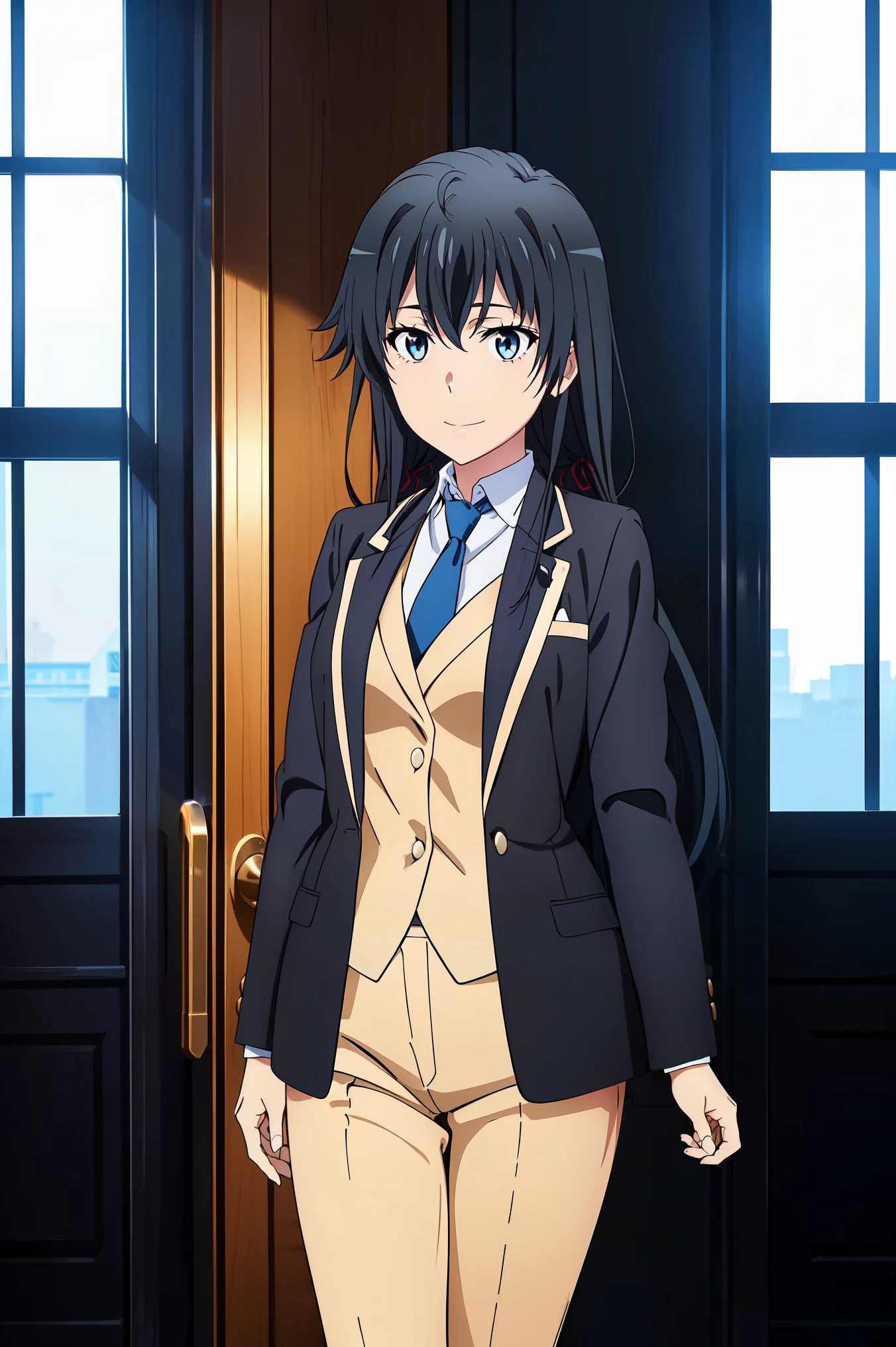 Yukinoshita yukino ,woman in formal attractive tailcoat standing in a large alcove in the room , 1girl, solo, blue necktie, black hair, blue eyes, long hair, smile , collared shirt, white pants, white shirt , tailored tailcoat elegant , standing in front of a window ,tailcoat tailored to perfection crafted from the lustrous fabric