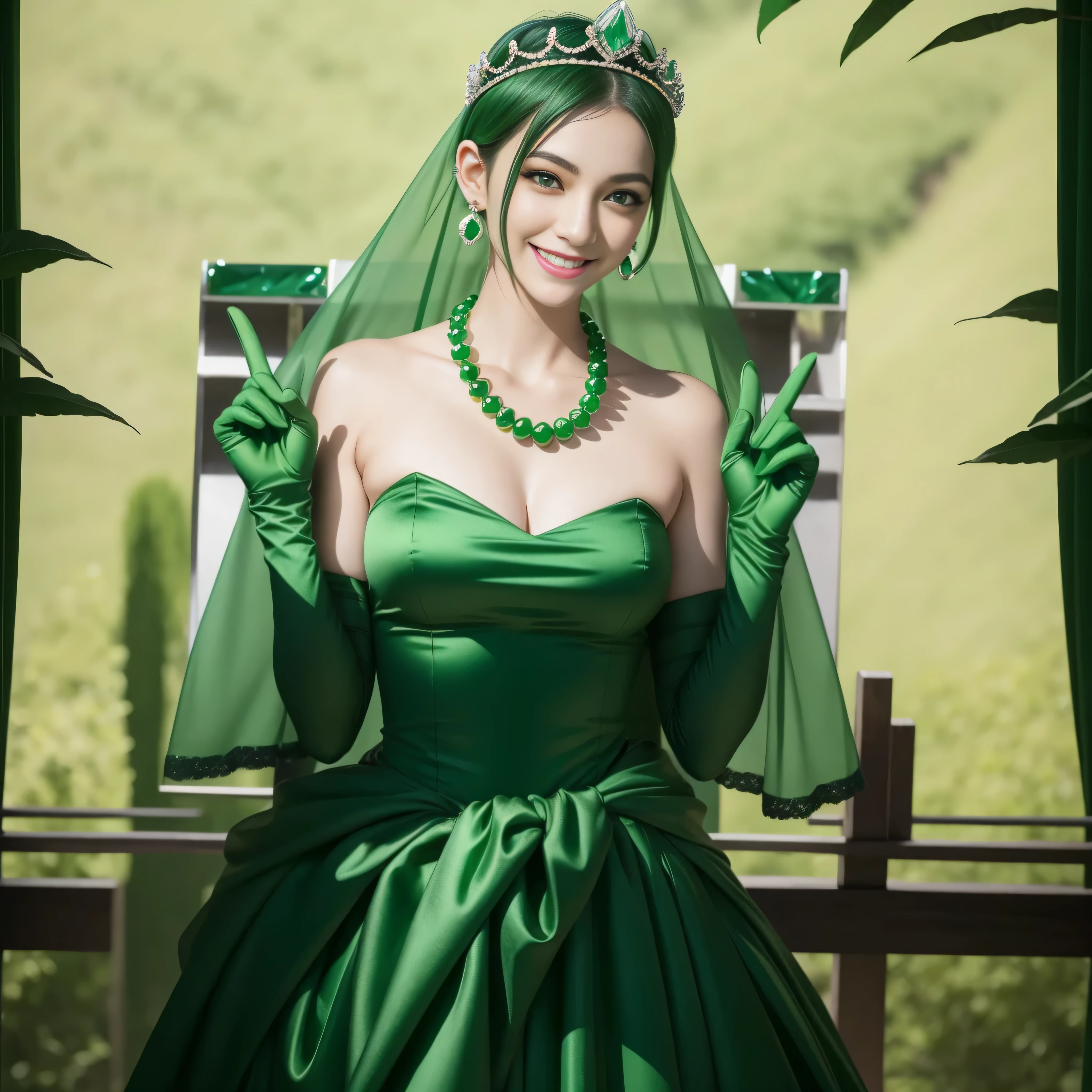 emerald tiara, Green Pearl Necklace, Boyish very short green hair, lipsticks, Japan woman smiling, very short short hair, Busty beauty, green eyes, Long green gloves made of satin material, green eyes, Emerald Earrings, green vale, v sign, Green hair