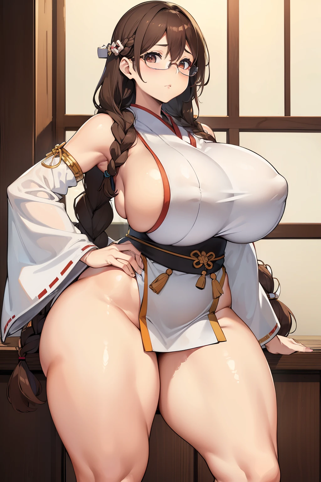 ((huge saggy tits)),((wide hips)),((white woman)),((long brown hair with braided eyes)),((thighs)),((Glasses)),Thick,((Clothes of the goddess of Japan)),((whole body))