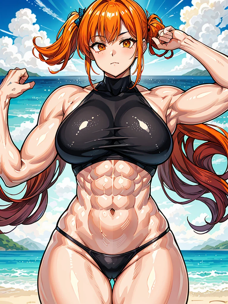 (((masterpiece、Highest image quality、highest quality、highly detailed unity 8kwallpaper)))、((Illustration of one girl))、(((beautiful girl)))、((orange hair、side ponytail、orange eyes))、(((stocky build, thickset physique:1.3, muscular legs, broad shoulders, solid chest)))、swimsuit、sandy beach