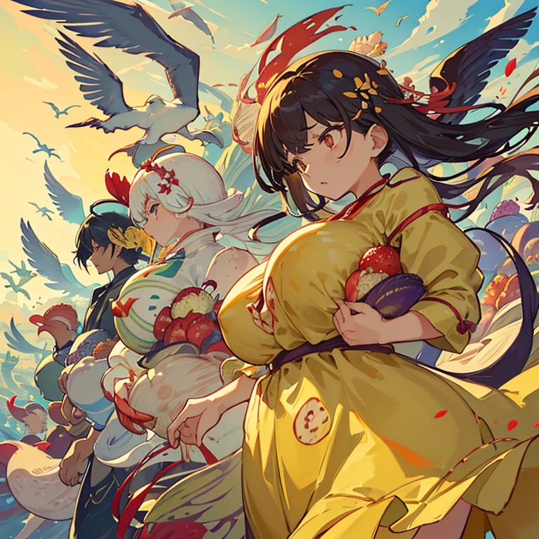 A convenience store clerk covered in a wide variety of large fruit parfaits offering a wide variety of large flowers.、amazing dynamism、amazing angle、unstable anti-gravity sandstorm、((Many friendly large and diverse birds float closely together and chase each other.))、((surround each other'large and diverse molluscs))