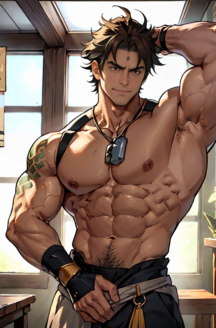 show off thick arms to the audience,(侧身对着观众),(眼睛看着观众),(体毛浓密),Side Body,Sense of evil,Sharp eyes,Thick dark brown hair on crotch,Upper body clothes,closeup of arms,The protagonist enthusiastically hugged a thinner and shorter peer around his waist. The peer looked full of enjoyment.,((The camera zooms in)),((The audience blocked by the protagonist in a corner and the perspective slightly lower.)),(A perspective looking up from the protagonist's crotch),There are strange dark green patterns on his shoulders,Shoulders exposed,Stout arms,Shoulders very broad,Muscles protrude a lot,Bulging crotch,(Long and explosive legtremely tall height),Highest image quality,Pessoas do sexo masculino,Child,1 ,jovem e bonito,Shoun,Cabelo liso curto,Pele escura,Anime peito grande,anime wallpaper,sozinho,Foco Masculino,cuecas,Dilation of the pectoral muscles,capa vermelhirilha saliente,Fundo Urbano,Espalhe as pernas,sexy,(master part, best quality),meias brancas longaotas Red Martin,((Exaggerated bulge of muscles)),The protagonist very tall and his head almost reaches the ceiling.,The background in an interior with vintage furniture and vintage wooden floor surrounding,Lush woods outside the window,musclebound and hulking, muscular characters, super buff and cool, tall and muscular, muscular!!, very buff, 2 muscular attractive men, massive muscles, big muscle, Muscular men, Two anime handsome men, muscular!, gigachad muscles, muscular bodies, muscular character,Giant arm