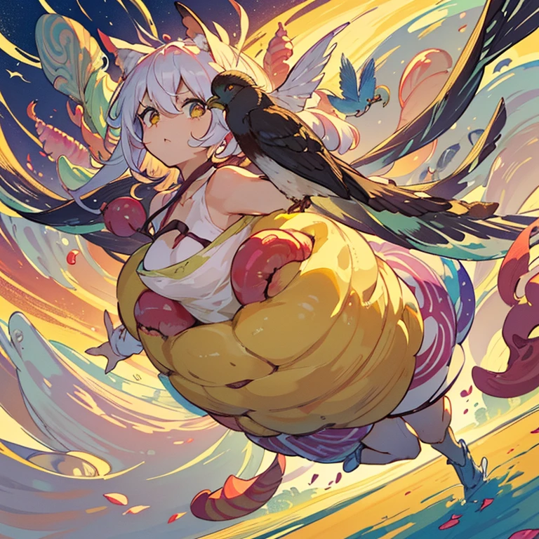 A candy store filled with a wide variety of fruit parfaits offering a wide variety of flowers.、amazing dynamism、amazing angle、unstable anti-gravity sandstorm、((Many friendly large and diverse birds float closely together and chase each other.))、((surround each other&#39;large and diverse molluscs))