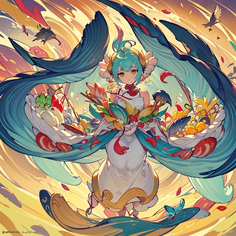 A candy store filled with a wide variety of fruit parfaits offering a wide variety of flowers.、amazing dynamism、amazing angle、unstable anti-gravity sandstorm、((Many friendly large and diverse birds float closely together and chase each other.))、((surround each other&#39;large and diverse molluscs))