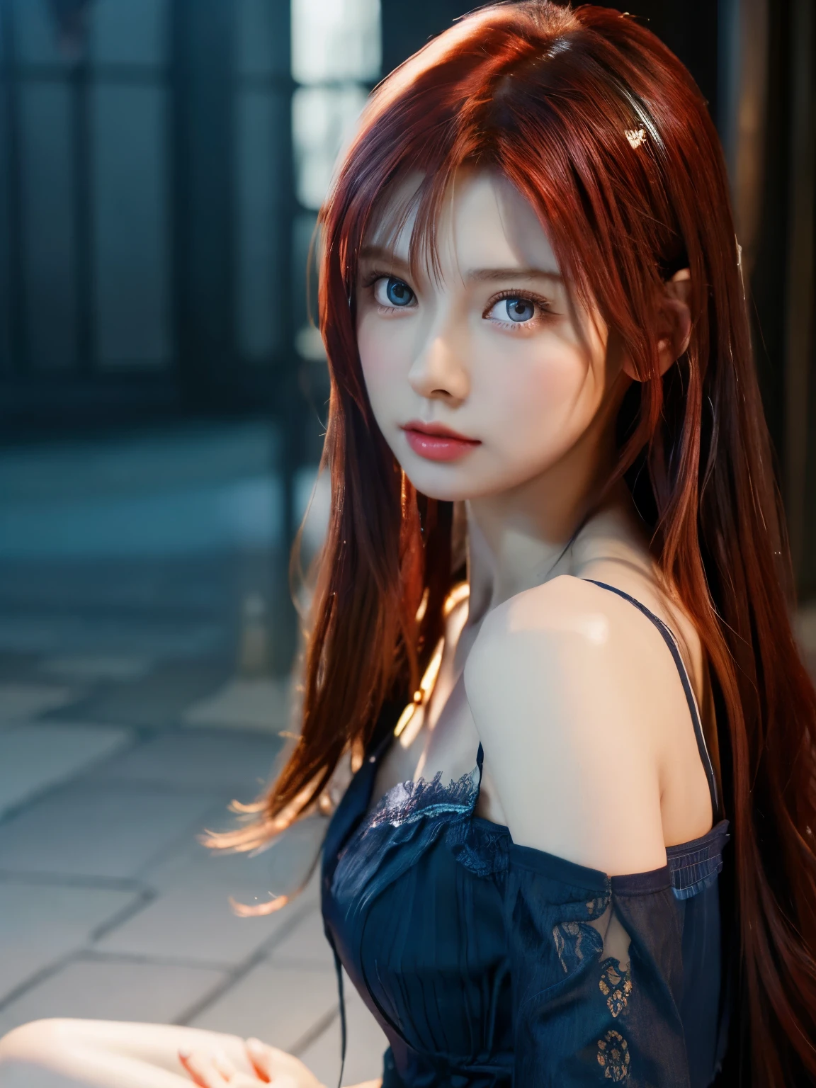 masterpiece、Raw photo、live-action、(Portrait:on lap)、((beautiful girl:1.2))、((crimson hair))、Straight semi-long hair、((dark blue eyes))、(long eyes)、(thin eyebrows)、D cup bust、Glamour、beautiful body line、a dress that fits the body perfectly、beautiful girl、19 years old、asian beauty, beautiful studio soft light、rim light、vivid details、surreal、realな肌、anatomical、facial muscles、elegant、beautiful background、(seaside)、octane rendering、highest quality、very delicate and beautiful、 Highly detailed CG、(real、photorealistic:1.37)、(lens : FUJIFILM XF35mmF1.4)、(lensフィルター : Black Mist No.1)、amazing details、best quality、Highly Detaild CG Unity 8k wallpaper、