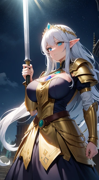 elf royal knight, fairy crest, chest display, golden and silver armor with fairy icon and steel battle armor skirt, short design hand silver glove, golden color cape, golden belt, huge magic circle behind, pauldron in fairy style, silver bracelet, ((right hand holding a huge silver sword and left hand holding a huge silver shield)), multicolored gold and green hair, empress aura, bright green pupil, 16k best quality anime wallpaper, masterpieces, Alone, extreme pupil detail, fantasy mythical art, film lighting, original character, heavy makeup, holy windy glowing effect, figure body shape, church background