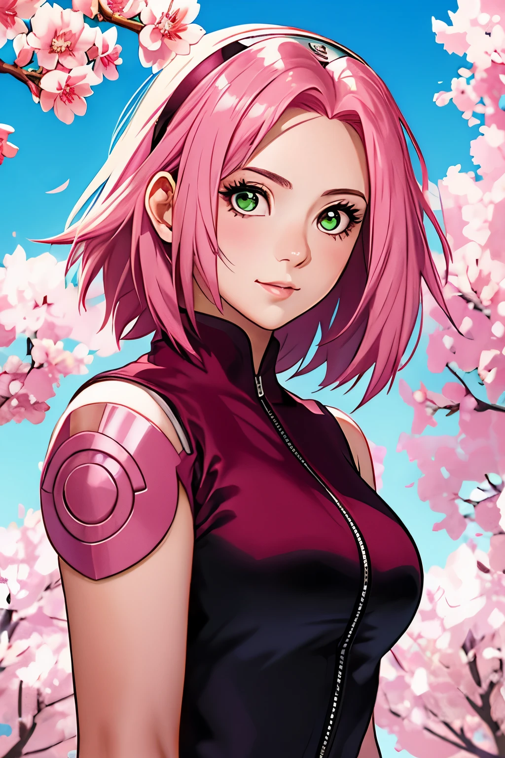 Obra maestra de alta calidad, sakura haruno, Una mujer de anime con cabello rosado y ojos verdes, sakura haruno, Estilo de arte digital, high resolution, ARTE realista, sakura haruno, Harunos Sakura, Solo, 1 chica, cabellos largos, pelo largo, Reina de las Hadas, alta, Hermoso y muy detallado
