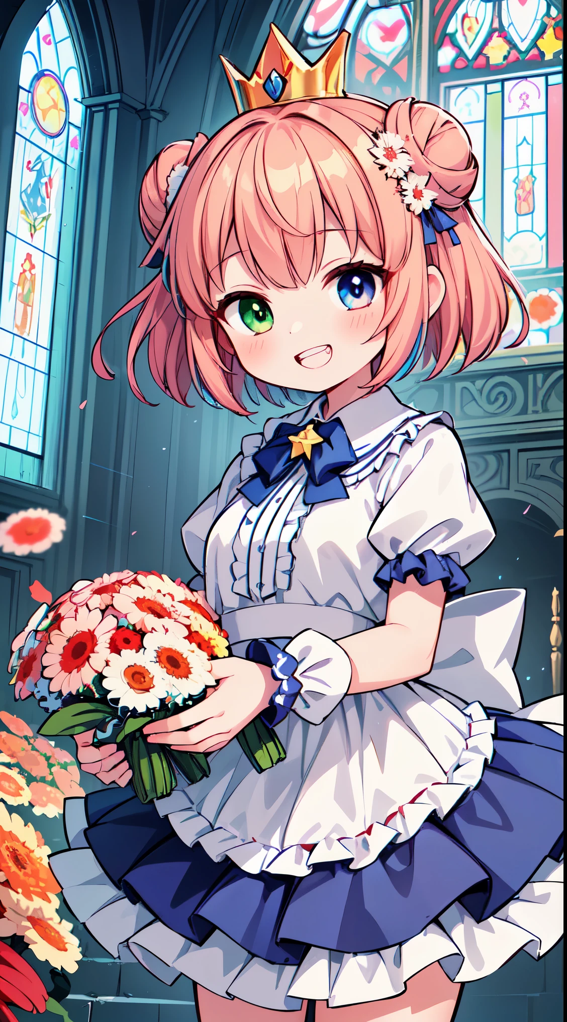 (masterpiece, top quality, best quality, official art, beautiful and aesthetic:1.2),ultra-detailed,intricate details,amazing illustration,award-winning art,atmospheric,
BREAK, 1 beautiful girl, (cute:1.5), (Little: 0.8), (cute: 1.5), (upon: 0.5), (17 year old girl), break(redhead, short hair,two bun hair:1.4),(:D,grin and laugh:1.3),( heterochromia,blue eyes,green eyes, eye highlights,first ultrafine star:1.45) Star eyes silhouette thick eyelashes, naked boobs double eyelids:1.2),(white skin),break,transparent skin,beautiful skin, ,(highest quality faces),(The most brilliant eyes),(best smiling face,:D:1.45),
BREAK (white and pink theme:1.5), (white and pink Classical lolita fashion:1.5),(white and pink Princess dress adorned with a plethora of fresh gerbera (in various vibrant colors:1.2):1.5), (voluminous frills:1.3), (Basque waist:1.3), ((crinoline, long multilayer-voluminous ruffle skirt) adorned with a plethora of fresh gerbera (in various vibrant colors:1.2):1.5), (intricate floral lace embroidery:1.6), (Princess dress and ruffle skirt adorned with a plethora of fresh gerbera (in various vibrant colors:1.2):2.0),(white pink heels adorned with fresh gerbera flowers in various colors:1.2),(holding a bouquet of brightly colored flowers:1.1),
BREAK (background of beautiful extremely detailed a church with clear and beautiful stained glass with a huge old cross in the center),(sing with her mouth wide open and folded hands:1.4),
BREAK,wakame,wakame,wakame,(Cowboy Shot:1.4),
BREAK,(Blurry background:1.3),(absurderes, hight resolution, Super Detail Art),cel shading,Clear Color, Lonely optical effect, Beautiful pictures, Bright glow, mystic atmosphere,(Close-up of girl:1.1), Mystical light particle effect,manga influence, clean line drawings,