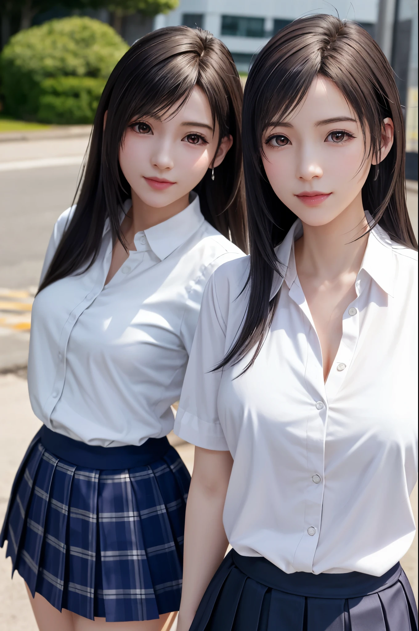 (top quality, masutepiece: 1.1), (Realistic: 1.3), BREAK (((FF7,Tifa_lockhart))),(solo,Tifa:1.2),(japanese ,high school student,school uniform, Plaid pleated skirt:1.5,button-down white shirt:1.3) ,(summer,walking, outdoor),(sexy pose:1.2),Ultra-detailed face, Detailed eyes,Red eyes, BREAK (((FF7,Tifa_lockhart))),(light brown hair, Large breasts: 1.2), BREAK (Small and beautiful hard nipple) About 18 years old,kawaii,smile,zettai_ryouiki:1.1,cowboy shot,side view:1.2