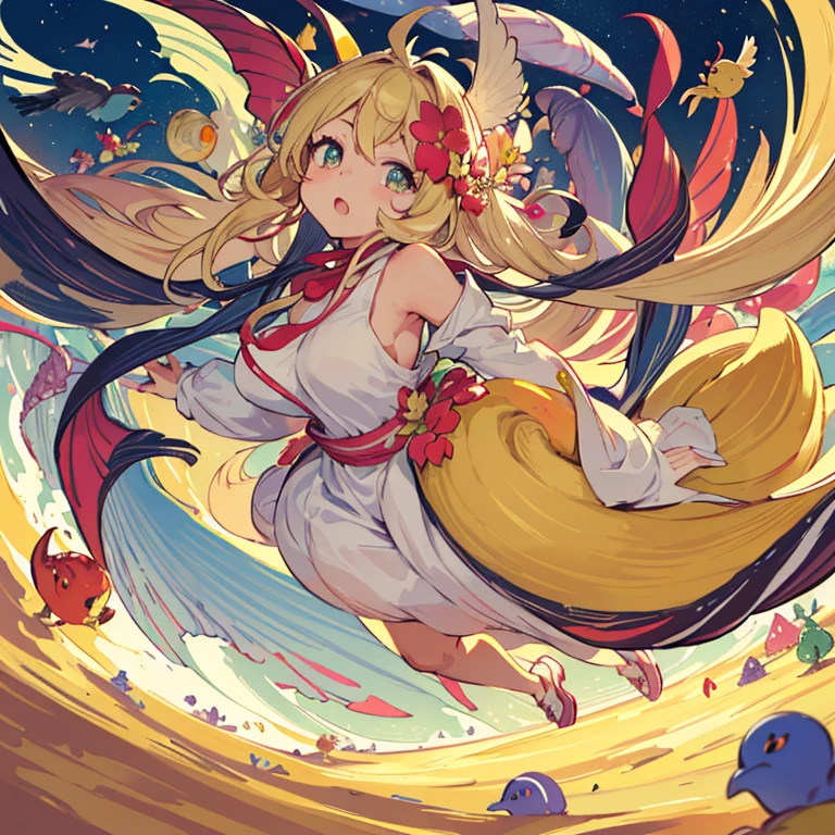 A candy store filled with a wide variety of fruit parfaits offering a wide variety of flowers.、amazing dynamism、amazing angle、unstable anti-gravity sandstorm、((Many friendly large and diverse birds float closely together and chase each other.))、((surround each other&#39;large and diverse molluscs))