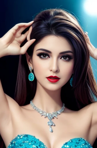 Lebanese woman, diamond dangling earrings, necklace, bracelets, small breasts, 40 years old, smokey eyes, cleavages, red lips, innocent face, cyan fashion ball gown, stylish hairstyle, posing, modeling, arms raised, off-shoulder 