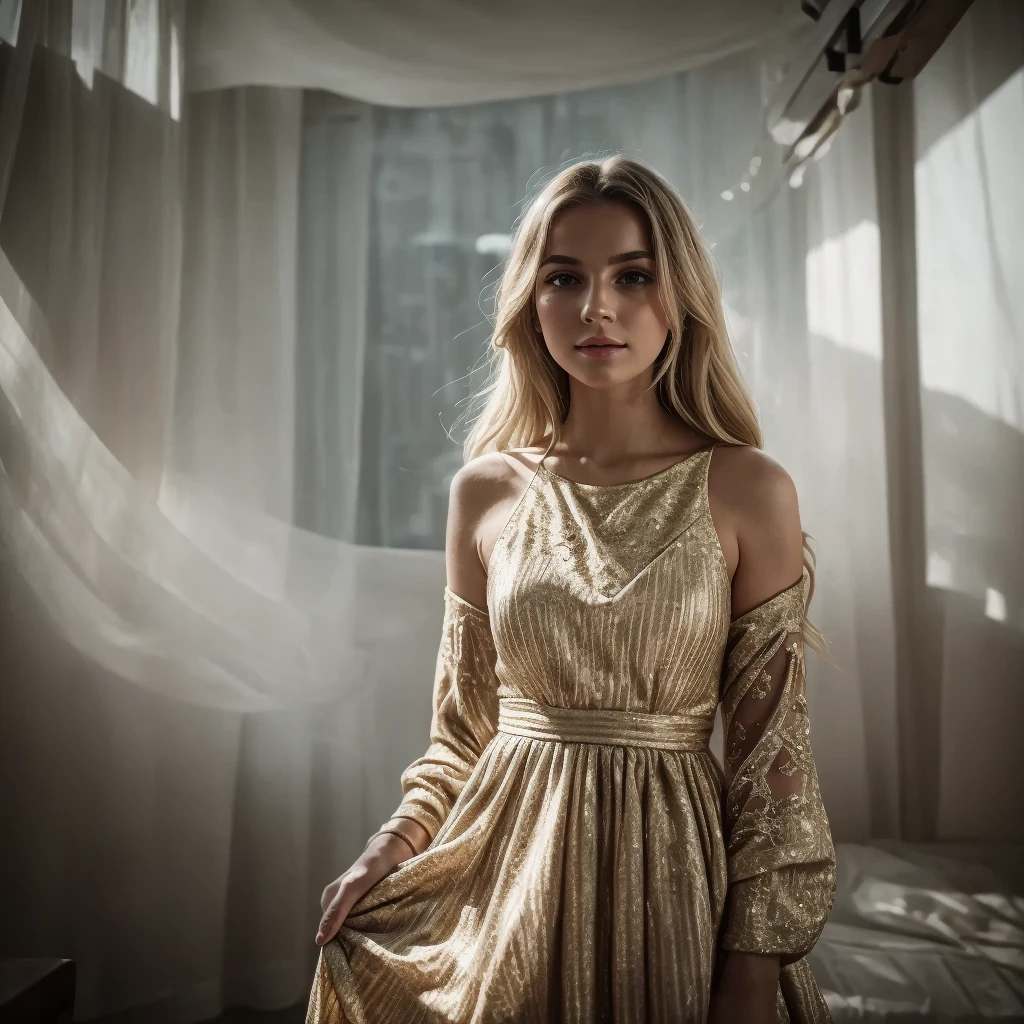 Best quality, Ultra detailed, Golden ratio, Masterpiece:1.2, Theatrical lighting: 0.7, Photo of a woman, woman named Nastya Rostova, dressed in a very elegant and pretty bright dress, Perfect face, (Highly detailed skin), randomly dyed hair, skin texture, Pale skin, shiny skin, Sharp focus on face, photorealistic, film grain, Put one foot forward, from below looking up, look at camera, Emphasize the shoulders, Focus on face, Smile with corners of mouth raised, summer haze, muted colors, muted warm colors, Photo cinematic portrait of a woman dressed in a striped dress walking down the street, cinematic, standing under a spotlight, volumetric dust clouds, key light, backlight, soft natural lighting, photography Film grain ISO 400 30 mm lens RAW f1.8 aperture, highly detailed, analog photography: 1, colors hdr