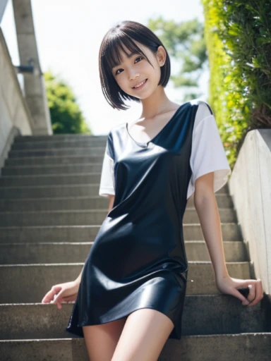 muste piece, Top quality, 8K, 15 years old, japanese girl, slender, Raw photo, absurd, award-winning portraits, (detailed face, shy smile), solo,navy blue swimwear mini dress, soaking wet、wet body、short sleeve, soaking wet、wet body、idol face, super mini skirt, slim legs, shoes,  whole body shot from the bottom of the stairs, whole body shot from a Low - Angle, detailed face), refreshing shy smile, slender girl, Golden short-cut hair, dark eyes, whole body, digital single lens reflex, look at the viewer, Frank, sophisticated, like々New, perfect whole body balance, (Low - Angle), professional lighting, (Eye and face details: 1.0), (It&#39;s blurry: 1.1)