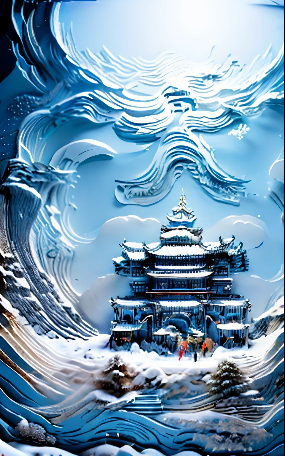 ((blue and snow white)),snowflake,iceberg,plum bossom,(snowman),,china tower,Chinese style,Mountains and flowing water,beautiful rivers and mountains,Cool colors,blue background,masterpiece,best quality,JKBB,guochaochahua,3ddianshang\ (style\),