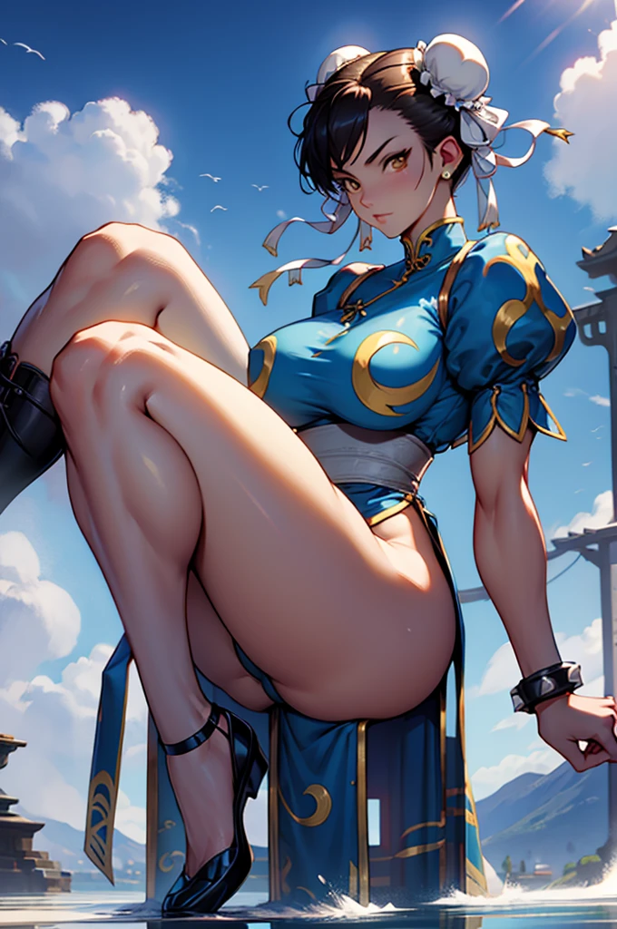 chun li , 1 girl, black hair, yellow eyes, very long hair, pale skin, curvy, (extremely muscular), perky breasts, frozen lake, belo rosto detalhado, belos olhos, belas coxas, coxas lindas