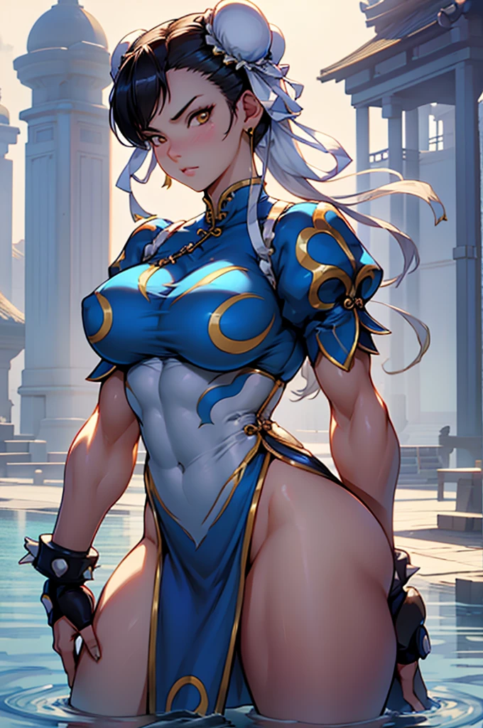 chun li , 1 girl, black hair, yellow eyes, very long hair, pale skin, curvy, (extremely muscular), perky breasts, frozen lake, belo rosto detalhado, belos olhos, belas coxas, coxas lindas
