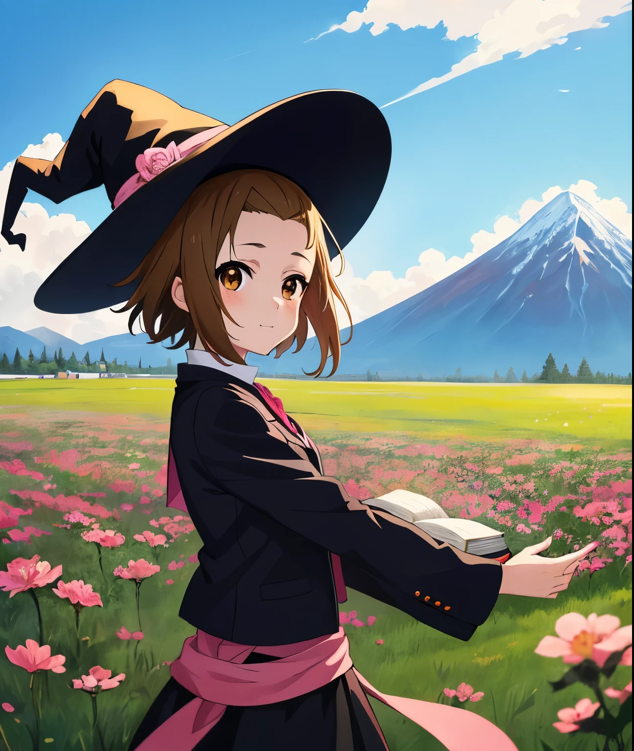 ((masterpiece)), high details, high quality, best quality, highres,anime girl in a field of flowers with a mountain in the background,light brown eyes,clear forehead,very short hair,(very light brown hair), (1girl,solo,Ritsu Tainaka),intricate anime girl k-on, anime pose,(libralian),hand with leather book,(witch hat),high quality anime movie still, anime visual of a cute girl,walking,cowboy shot,from side