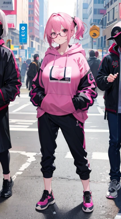 1girl, pink hair, pink eyes, big boobs, glasses, Hoodie, 1 hand in pocket, buckle, katanas