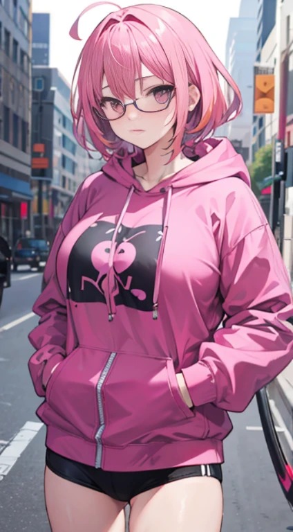 1girl, pink hair, pink eyes, big boobs, glasses, Hoodie, 1 hand in pocket, buckle, katanas
