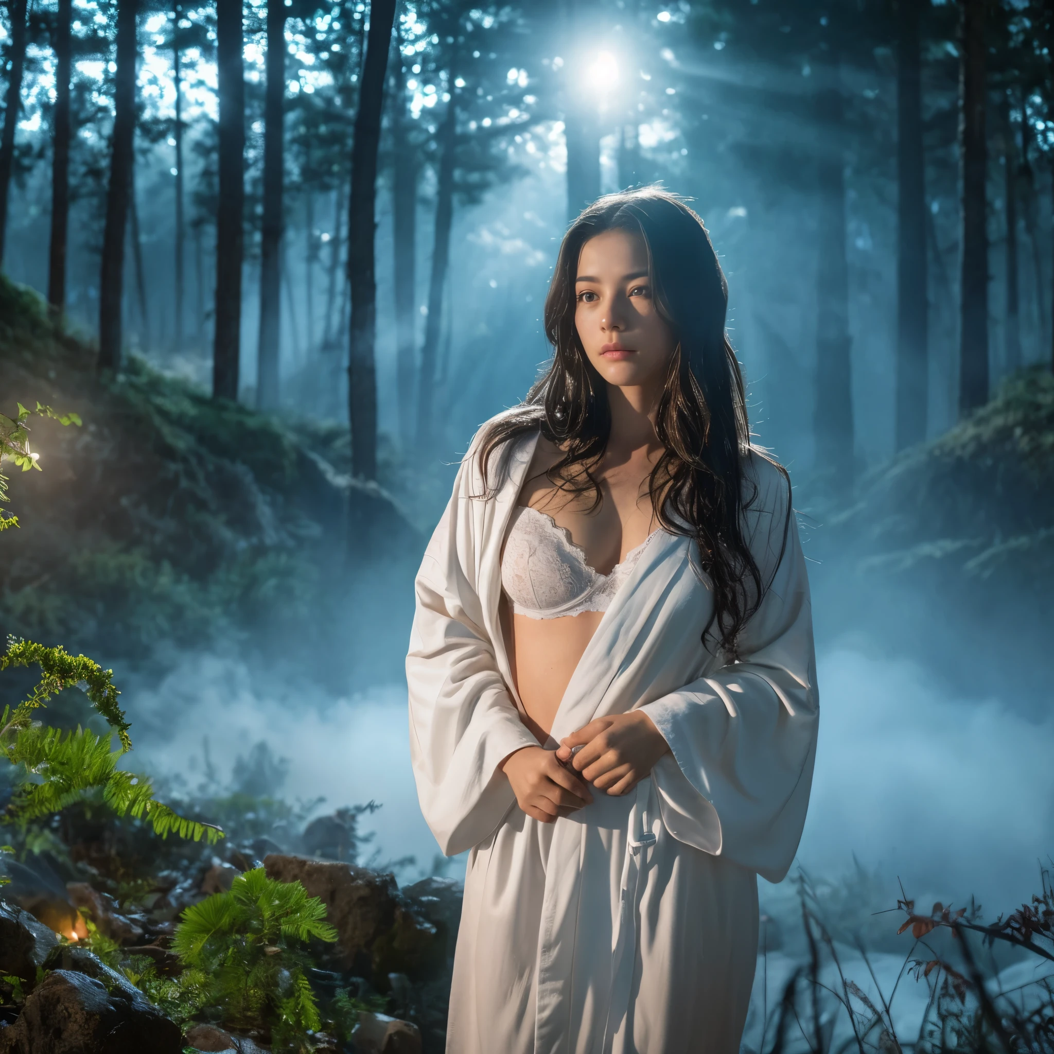 (RAW photo:1.2), (that&#39;realistic), beautiful detailed girl, very detailed eyes and face, detailed and beautiful eyes, huge file size, High resolution, very detailed, highest quality, [pieces fly:1.6], figure, very detailed, small details, highest quality, 8K Dende Wallpaper, movie lighting,15 year old girl, take off bathrobe, A mysterious hot spring deep in the mountains, in front of the bath, front of bathrobe open, white braが見えている, no top, take off bathrobeところ, In the middle of undressing, Changing clothes, white bra, wet long hair, embarrassed look, I can see your underwear,  bathrobe open, I can see white cotton pants, slender body, young face, small breasts, night sky, deep in the forest, illuminated by the moonlight, Steam rises around you