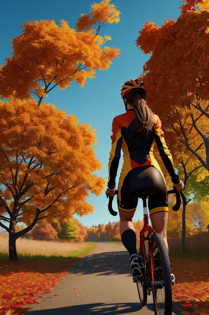 red yellow maple leaves in the air, blue sky, autumn leaves falling, Cycling girl backview, surrounded by leaves floating in the air, strong wind effect, octane render, intricate, (best quality, masterpiece, Representative work, official art, Professional, unity 8k wallpaper)