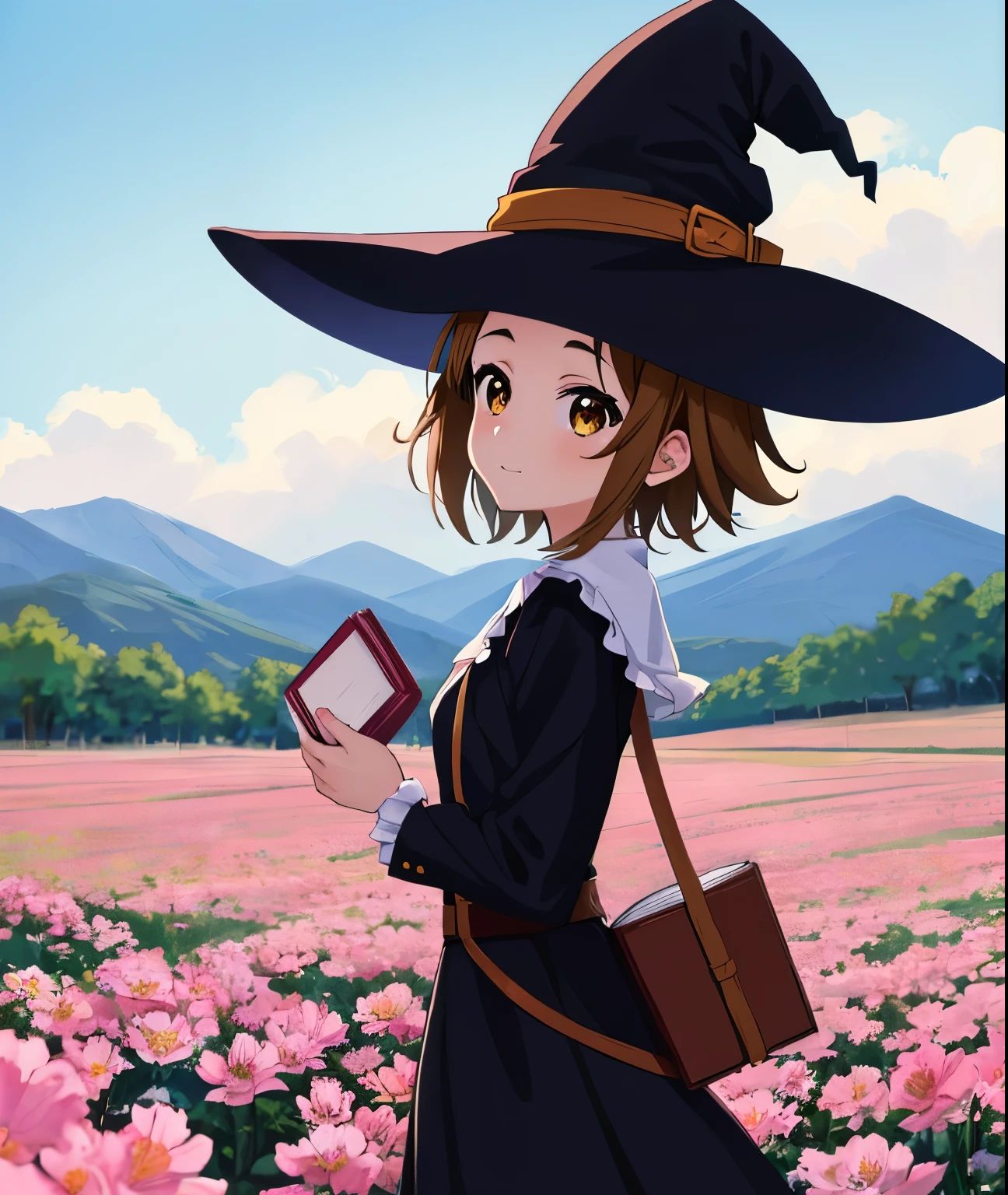 ((masterpiece)), high details, high quality, best quality, highres,anime girl in a field of flowers with a mountain in the background,light brown eyes,clear forehead,very short hair,(very light brown hair), (1girl,solo,Ritsu Tainaka),intricate anime girl k-on, anime pose,(libralian),hand with leather book,(witch hat),high quality anime movie still, anime visual of a cute girl,walking,cowboy shot,from side