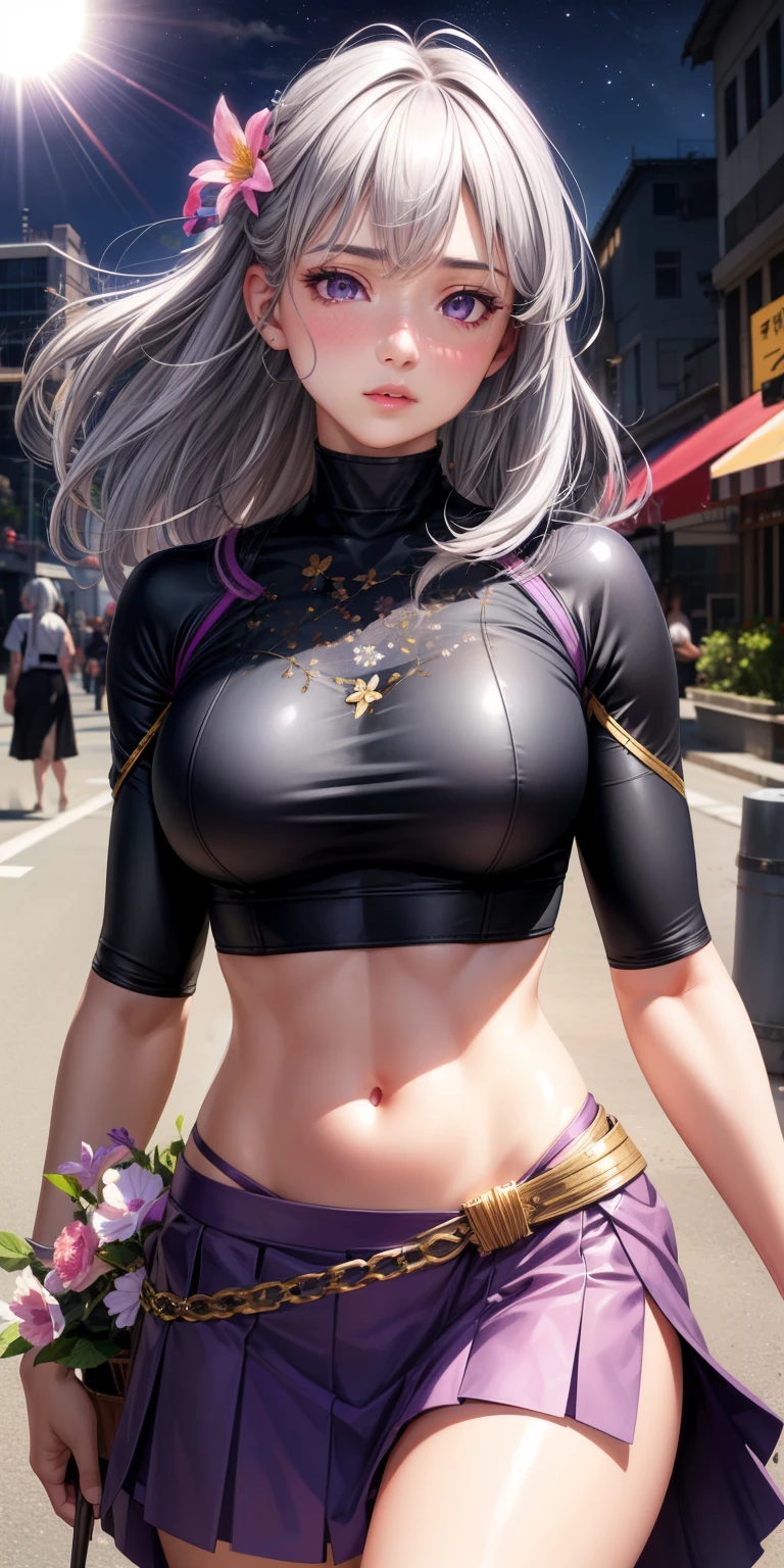 realistic, 1 girl, gray hair, purple eyes, shining eyes, crop top, skirt, parted lips, blush, night, flowers, sun, sunlight,
