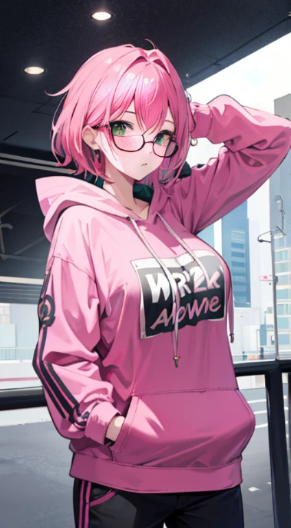 1girl, pink hair, green eyes, big boobs, glasses, Hoodie, 1 hand in pocket, buckle, katanas, slut