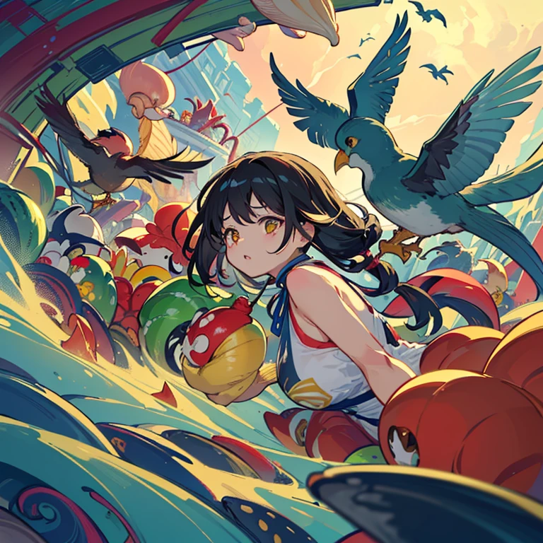 A toy shop covered in a wide variety of fruit parfaits offering a wide variety of flowers.、amazing dynamism、amazing angle、unstable anti-gravity sandstorm、((Many friendly large and diverse birds float closely together and chase each other.))、((surround each other'large and diverse molluscs))