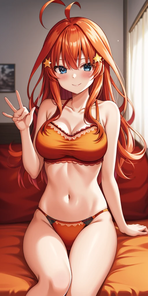 2D, muste piece, highest quality, anime, high details, 1girl in, solo, cowboy shot, Itsuki Nakano, Red hair, long hair, star hair ornament, Ahoge, crop top, middle breast, orange bra with lace, orange thong, clavicle、medium breasts、smile、Bedroom、sit、sexy pose、blush
