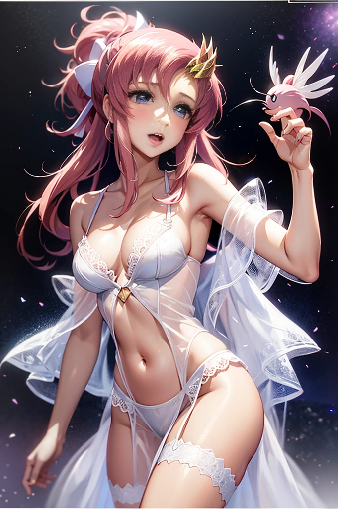 Masterpiece, Lacus Clyne, High resolution, anime poster art, Lacus Clyne, (Anime girl, long pink hair, hair ornament, fair skin), white dress, (((lace see-through, light pink lingerie))), Laugh happily and blush, 