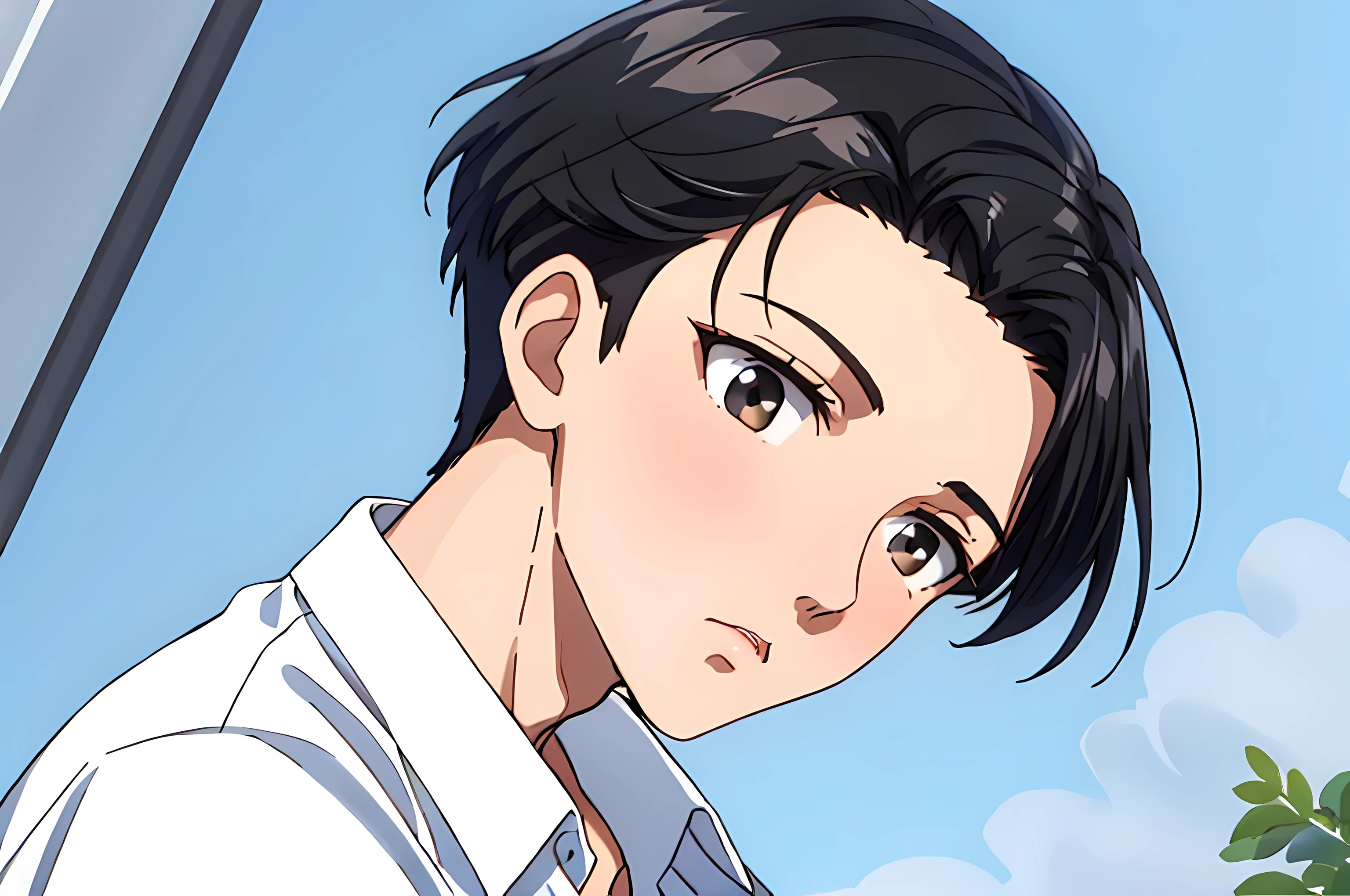 there is a young man with a short hair and a cream shirt, a black haired young man perfectly centered portrait 7.0 mm portrait, black haired young man, 4 k asymmetrical portrait, head centered portrait landscape