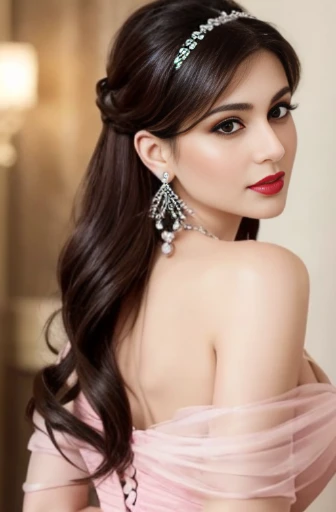 Lebanese woman, diamond dangling earrings, necklace, bracelets, small breasts, 40 years old, smokey eyes, cleavages, red lips, innocent face, pink fashion ball gown, stylish hairstyle, posing, modeling, off-shoulder