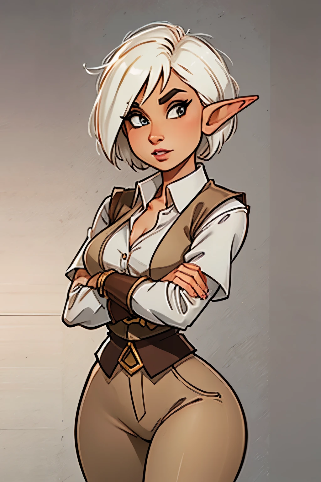 female elf thief, short white hair, white linen unbuttoned shirt and a dark brown leather vest, brown linen pants, confident face, medieval fantasy character portrait, female elf, detailed, , crossed hands at front,