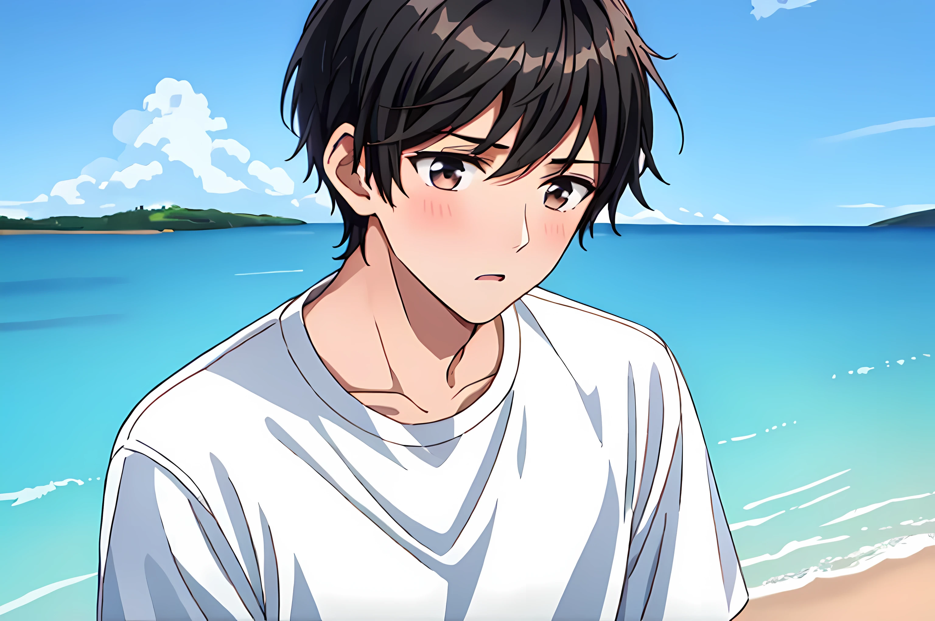 there is a young man with a short hair and a cream shirt, a black haired young man perfectly centered portrait 7.0 mm portrait, black haired young man, 4 k asymmetrical portrait, head centered portrait landscape