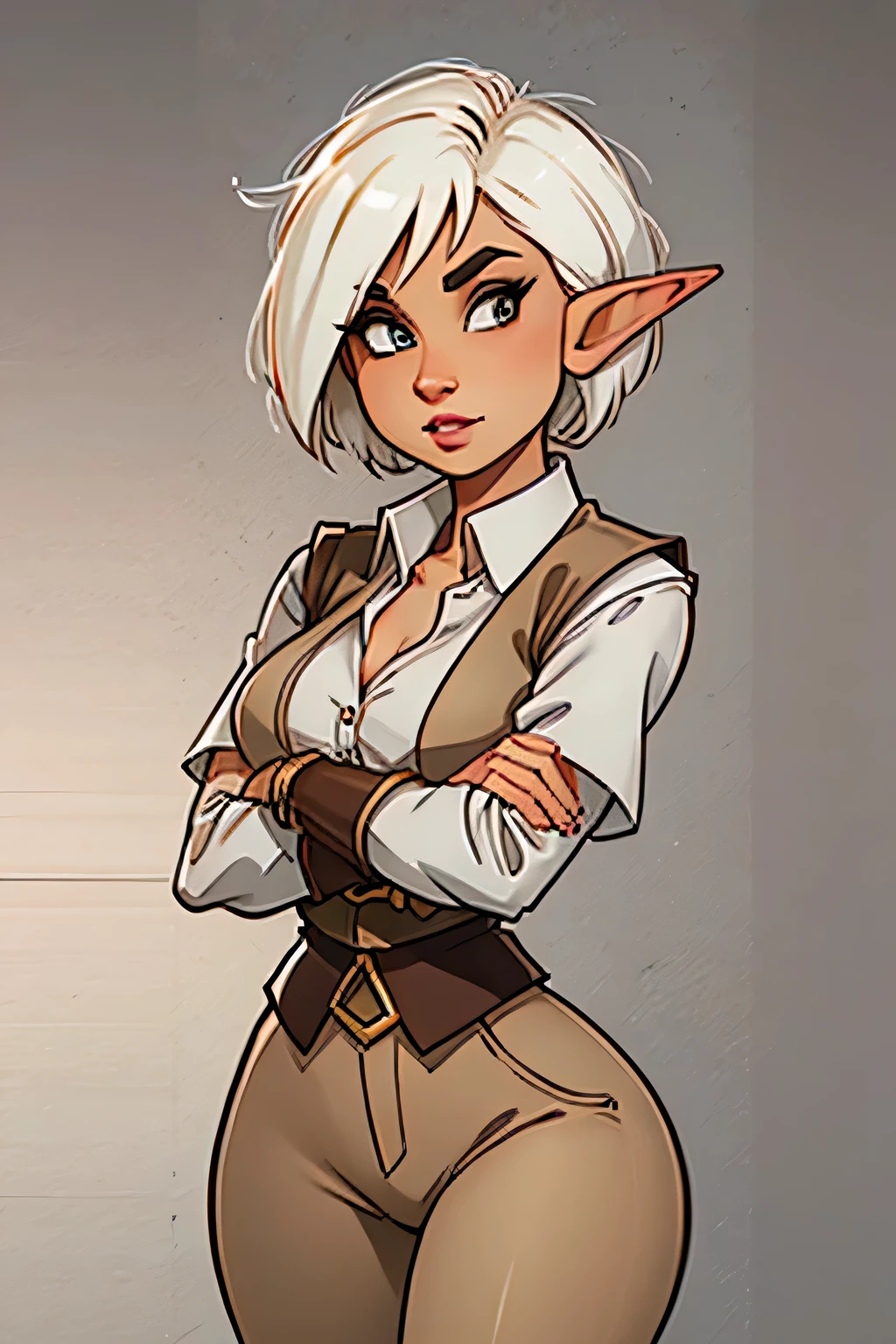 female elf thief, short white hair, white linen unbuttoned shirt and a dark brown leather vest, brown linen pants, confident face, medieval fantasy character portrait, female elf, detailed, , crossed hands at front,