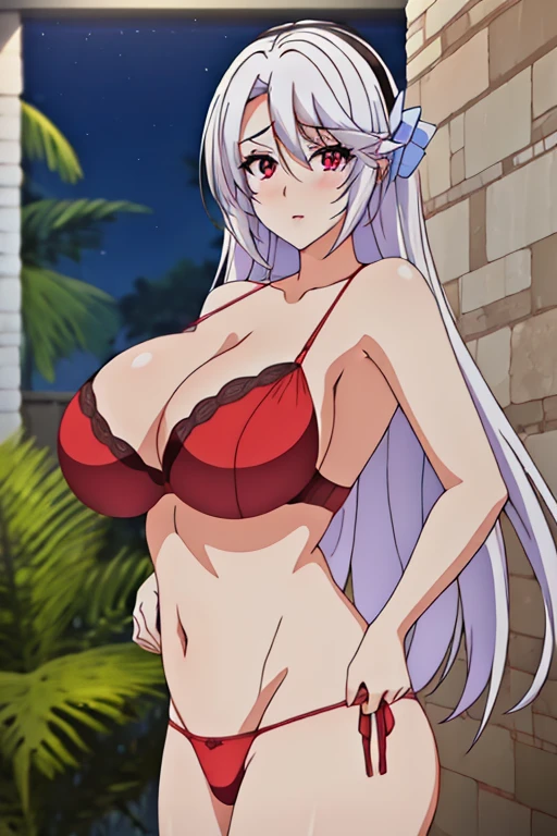 (bathing), spread her legs, beside fire camp, earrings, braided hair, white bikini, wet panties, (cum flows out of her panties), (night onsen background), starry night, ShenheV4, anime cels style, best quality, high resolution, 1girl, (huge breasts:1.2), beautiful face, grey hair, long hair, hair ornament, (hair over one eye), blue eye, cowboy shot, smiling, blushing