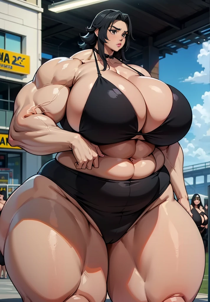 Ultra HD, wide view photo, (from head to toe photo), ((Araffe woman wearing a very small black bikini:1.5)), na areia da praia, (peito com o dobro do tamanho do corpo:1.5), ((tiro lateral do corpo:1.5)), corpo grande, pernas longas, exaggeratedly large physique, thicc, absurdly massive physique, poderoso e enorme, huge muscles, massive muscles, beautiful thick female, thicc build, large muscles, Tiro gigante impressionante da deusa, muito lindo. large muscles, grosso, extremely muscular, (seios gigantescos:1.8), ((Seios enormes:1.5)), (quadris de thicc:1.4)