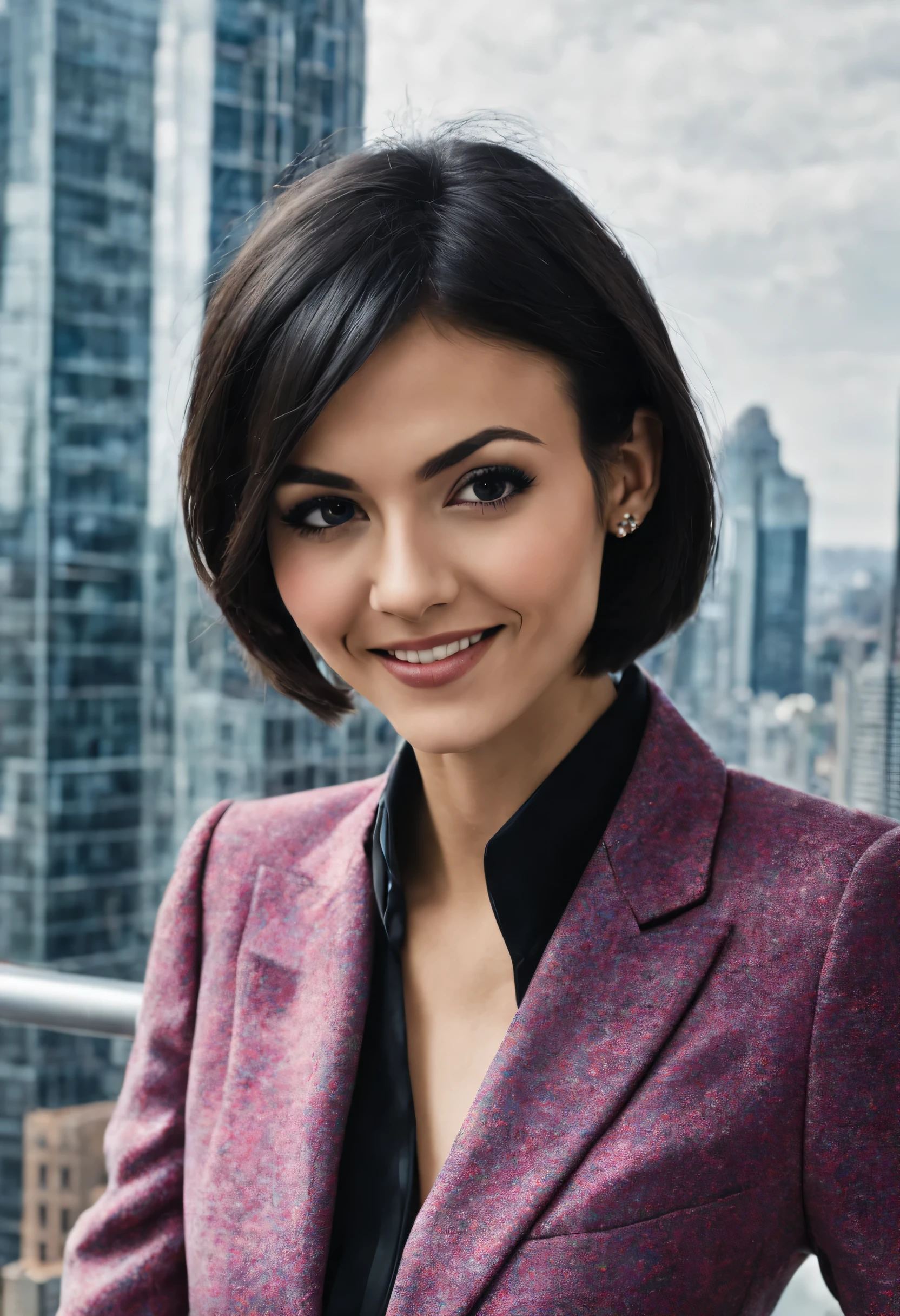 victoria_justice, closeup photo of a smiling woman (black bob hair) in strict colorful female business suit, elegant, snazzy, standing in front of a tall window on the upper floor of a city, distant cityscape with trees in background, ((perfect eyes, detailed eyes,realistic eyes)), ((sharp face, detailed face, realistic face, naturtal skin, realistic skin, detailed skin, pores))