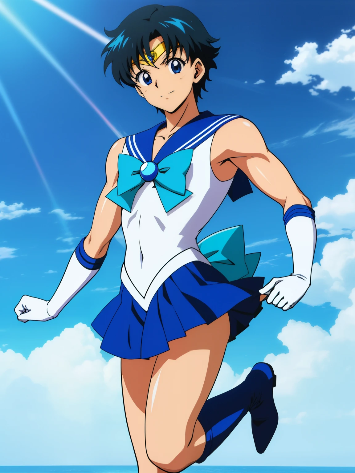 Top Quality Anime Art、masterpiece、high definition anime art、アニメstyle8K、High resolution、Very short blue-haired boy、Blue-eyed boy、Golden Circlet、Sailor Senshi Uniform、Strong muscles、white gloves、elbowgloves、white leotard、high leg leotard、white dress、Muscular and strong、blue sailor collar、Sky blue bow tie、blue skirt、mini skirt、pleated skirt、Blue Heeled Boots、Bare shoulders、bare legs、blue_bow、sky blue_bow、cartoon image of boy jumping、jewelry、Wallpapers Anime Blue Water、solo、(anime boy)、エッチアニメstyle、muscular man、魅惑的なanime boy、retro boy、smile、アニメ萌えアートstyle、(1990s\(style\)0.9)、
