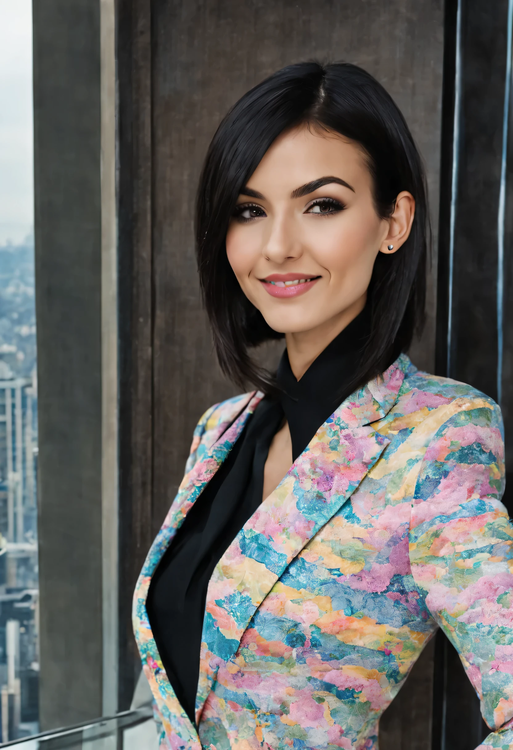 victoria_justice, closeup photo of a smiling woman (black bob hair) in strict colorful female business suit, elegant, snazzy, standing in front of a tall window on the upper floor of a city, distant cityscape with trees in background, ((perfect eyes, detailed eyes,realistic eyes)), ((sharp face, detailed face, realistic face, naturtal skin, realistic skin, detailed skin, pores))