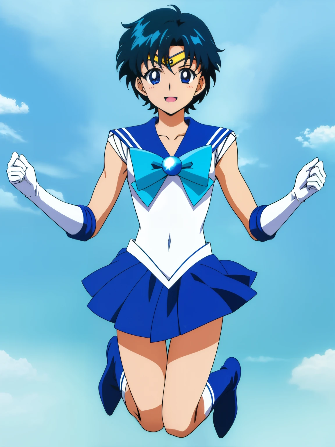 Top Quality Anime Art、masterpiece、high definition anime art、アニメstyle8K、High resolution、Very short blue-haired boy、Blue-eyed boy、Golden Circlet、Sailor Senshi Uniform、Strong muscles、white gloves、elbowgloves、white leotard、high leg leotard、white dress、Muscular and strong、blue sailor collar、Sky blue bow tie、blue skirt、mini skirt、pleated skirt、Blue Heeled Boots、Bare shoulders、bare legs、blue_bow、sky blue_bow、cartoon image of boy jumping、jewelry、Wallpapers Anime Blue Water、solo、(anime boy)、エッチアニメstyle、muscular man、魅惑的なanime boy、retro boy、smile、アニメ萌えアートstyle、(1990s\(style\)0.9)、
