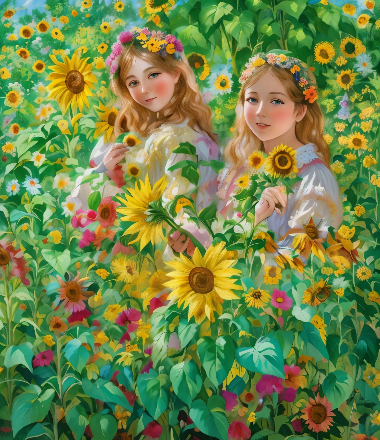 painting of two girls in a garden with sunflowers and flowers, inspired by Vladimir Makovsky, mikhail vrubel and wadim kashin, by Igor Grabar, by Mikhail Evstafiev, by Andrei Ryabushkin, alexi zaitsev, inspired by Konstantin Makovsky, by Mikhail Lebedev, by Vladimir Baranov-Rossine, mãos perfeitas, sem deformar